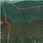 Leitungstrasse Luftbild mit Schutzgebieten (SPA: blau, FFH: braun, WSG: hellblau, LF: rot)