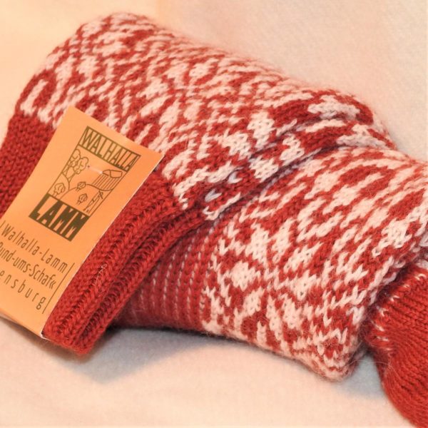 Walhalla-Lamm Schafwoll-Socken mit Sternenmuster rot weiß