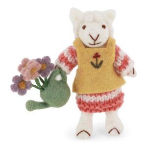 Schafwoll-Filz-Figur Schafmädchen mit Gießkanne und Blumen