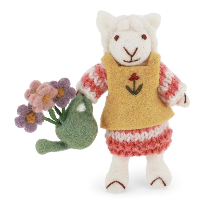 Schafwoll-Filz-Figur Schafmädchen mit Gießkanne und Blumen
